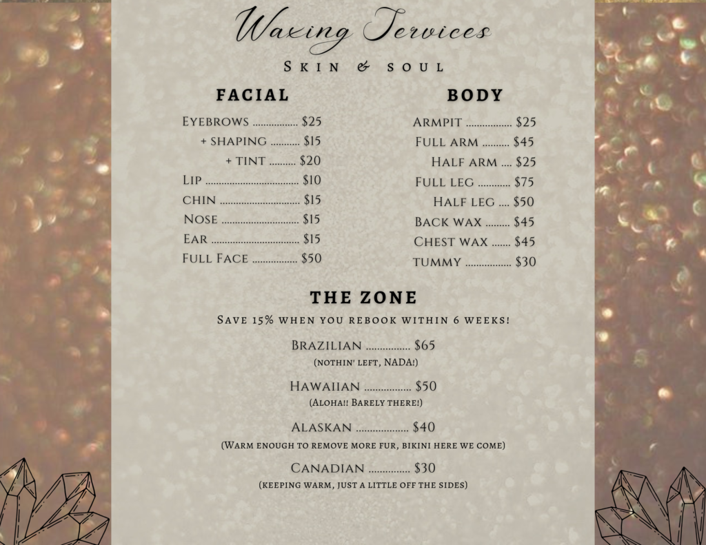 Waxing Menu for Bewitched Esthetics