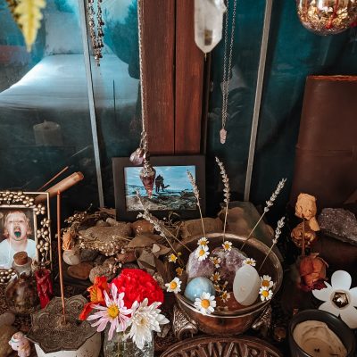 Seasonal decorations on a pagan altar for the spring equinox celebration of Ostara.